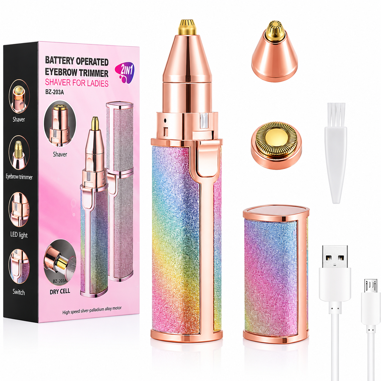 Flawless 2 In 1 Eyebrow Trimmer Multi Attractive Color With USB Charging Cable And Cleaning Brush