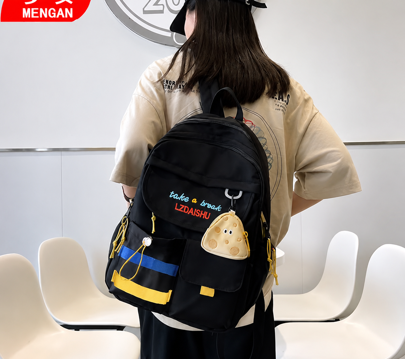 Stylish Black Backpack with Blue & Yellow Stripes Travel Bag