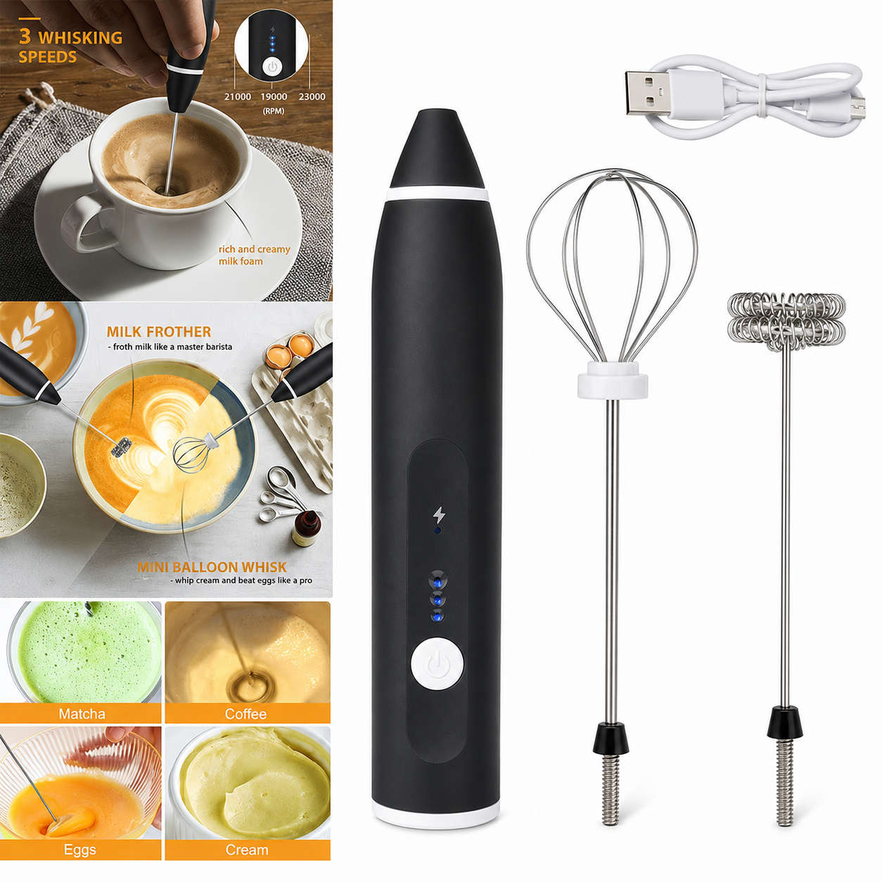 2 in 1 Coffee Beater Rechargeable Smooth Mixing Easy Use Compact Design Comfortable Handling
