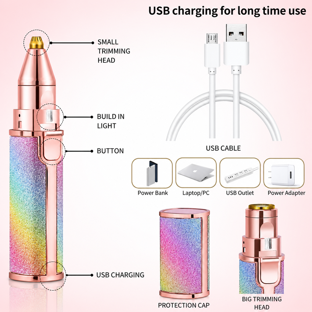 Flawless 2 In 1 Eyebrow Trimmer Multi Attractive Color With USB Charging Cable And Cleaning Brush