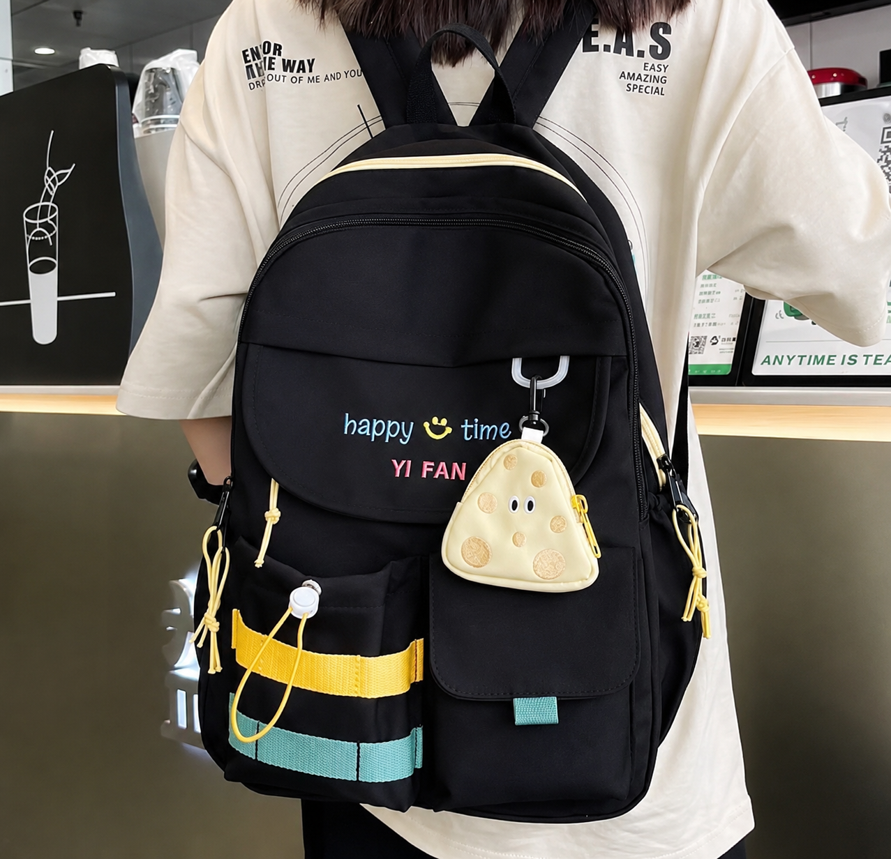 Stylish Black Backpack with Blue & Yellow Stripes Travel Bag