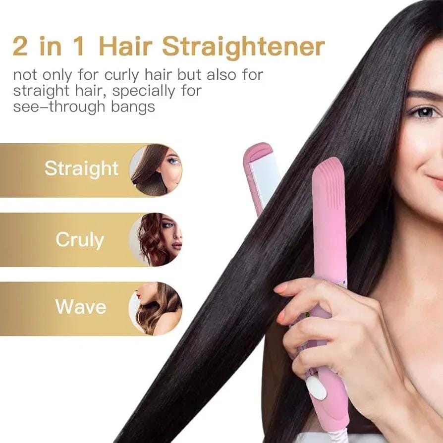 2-in-1 Mini Hair Straightener & Curler – Portable Thermostatic Ceramic Flat Iron for Dry & Wet Hair Styling -